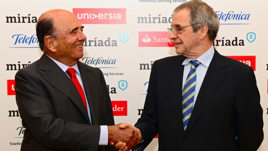 El pasado mes de julio, Emilio Botn y Csar Alierta, presidente de Telefnica, acudieron en Ro de Janeiro (Brasil) al lanzamiento de la plataforma de educacin online Miriadax.