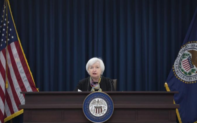 La presidenta de la Fed, Janet Yellen, en su rueda de prensa hoy en la...