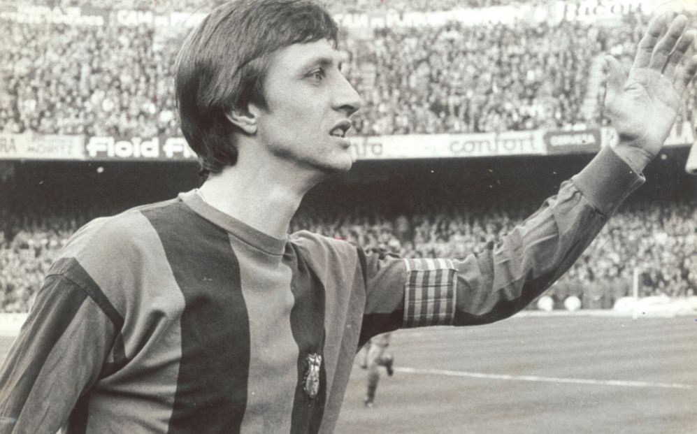 Barcelona captain Johan Cruyff evades a challenge from Aston Villa