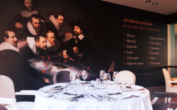 Imagen del restaurante Atunante, con un enorme mural de fondo que...