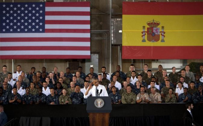 El presidente de los EEUU, Barack Obama, en su discurso a las tropas...