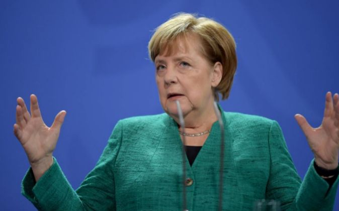 La canciller alemana, Angela Merkel, en miércoles en rueda de prensa.