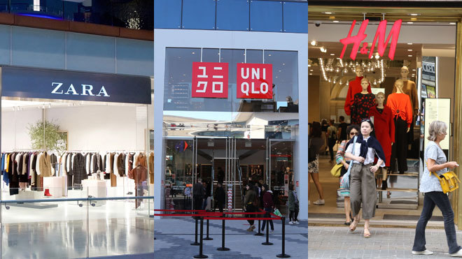 De izquierda a derecha, tiendas de Zara en Londres y de Uniqlo y H&amp;M...