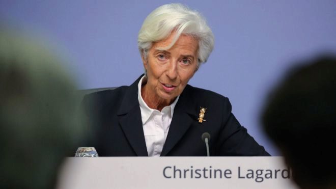 Christine Lagarde, la presidenta del BCE, ayer durante la rueda de prensa posterior al Consejo de Gobierno.