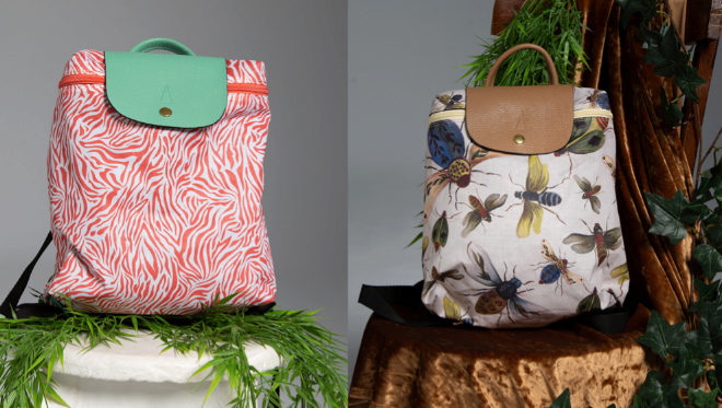 Dos de las nuevas mochilas de Kausi: a la izquierda, estampado Serengueti en tono coral, y Bichos, de Brbara Pan de Soraluce. Precio: 79 euros. 