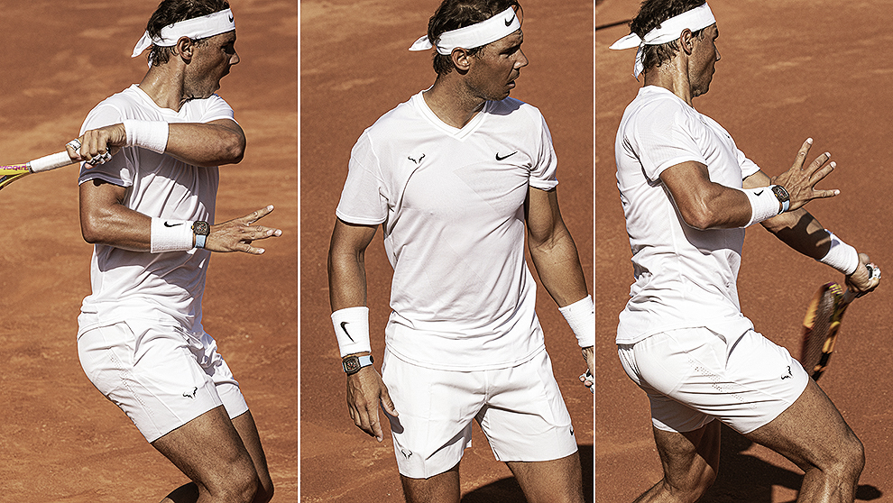  Tres momentos de un entrenamiento, donde Nadal ya luce su nuevo reloj.