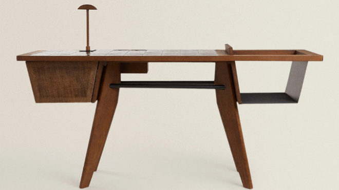 En apariencia, un escritorio de madera: a la izquierda, espacio para un altavoz protegido con malla de yute; a la derecha, cajn para discos.