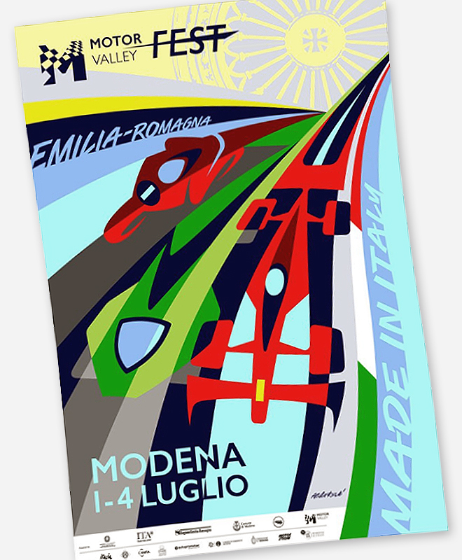 Cartel de la tercera edicin del Motor Valley Fest, obra del artista italiano Aldo Drudi.