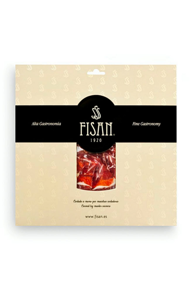 Jamón de bellota 100% ibérico Alta Gastronomía de Fisan, cortado a mano y presentado en caja de 10 sobres de 100 gramos, 630 euros.