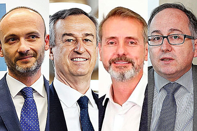 De izquierda a derecha, Óscar García Maceiras, CEO de Inditex; César González-Bueno, CEO de Sabadell; Marc Murtra, presidente no ejecutivo de Indra; y Luis Gallego, consejero delegado de IAG.
