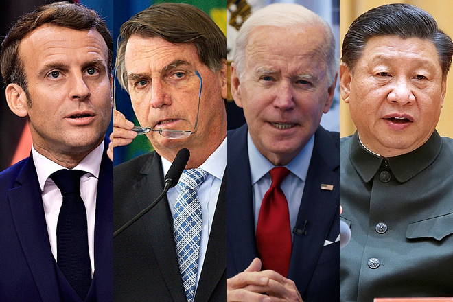 El presidente francés, Emmanuel Macron; su homólogo brasileño, Jair Bolsonaro; el presidente de EEUU, Joe Biden; y el presidente de China, Xi Jinping.