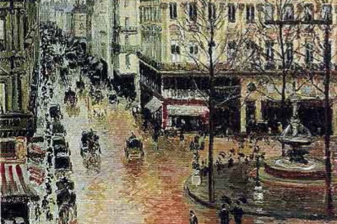 Detalle de la obra Rue St. Honore, après midi, effet de pluie (Calle Saint-Honoré por la tarde. Efecto de lluvia), de Camille Pissarro.