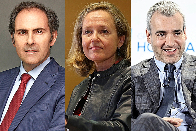 El presidente de Iberia, Javier Sánchez-Prieto; la vicepresidenta económica, Nadia Calviño; y el presidente de Aena, Maurici Lucena.