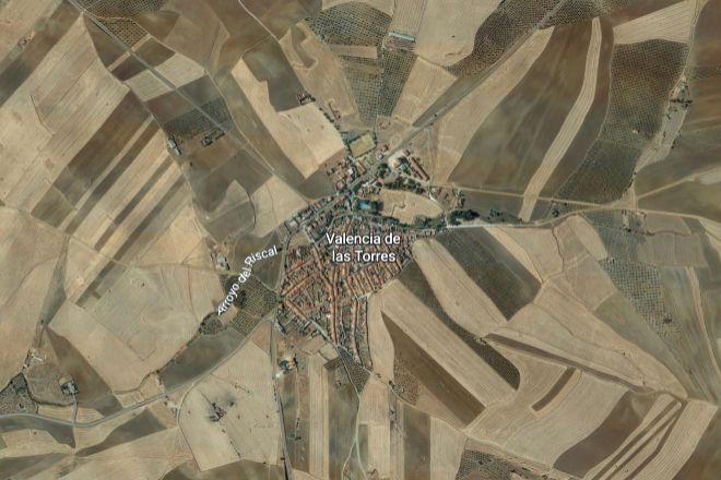 Valencia de las Torres (Badajoz), donde se encuentra la finca Quintos de San Martn (Foto: Google Earth)