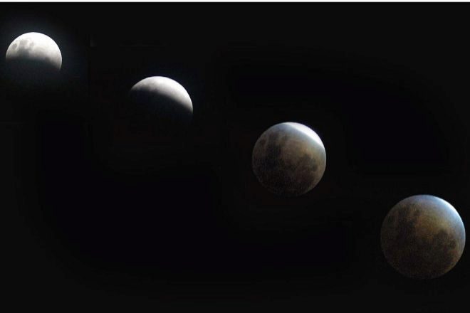 Imagen de archivo de las cuatro fases del eclipse total de luna desde la ciudad brasileña de Porto Alegre, el 9 de noviembre de 2003.