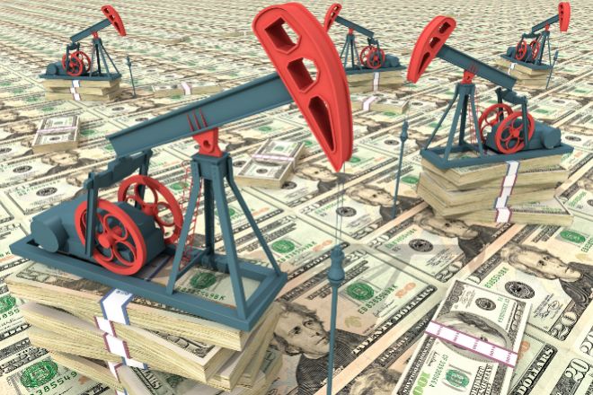 Ilustración de pozos petrolíferos con billetes de dólar
