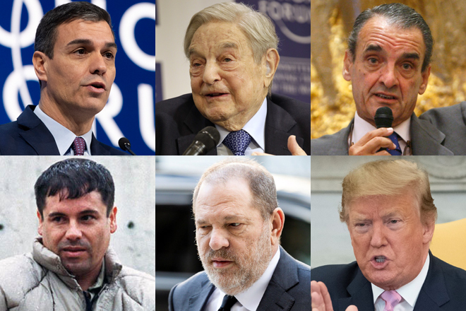 Pedro Sánchez, George Soros, Mario Conde, El Chapo Guzmán Harvey Weinstein y Donald Trump