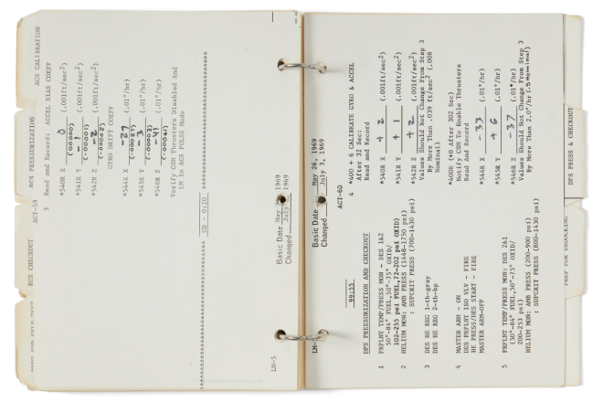 Lista de verificacin de activacin de los sistemas del Apolo 11, precio estimado entre 150.000 y 250.000 dlares.