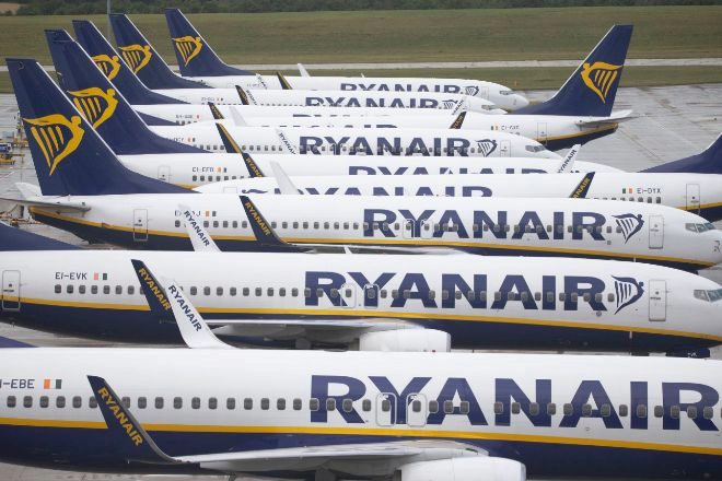 Aviones de la aerolínea Ryanair en una imagen de archivo de mayo de 2021.