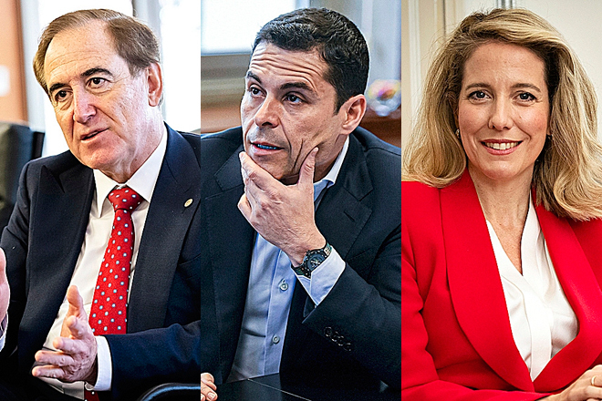 Antonio Huertas, presidente de Grupo Mapfre; Hugo Serra, consejero delegado de Grupo Catalana Occidente; y Patricia Ayuela, consejera delegada de Línea Directa.