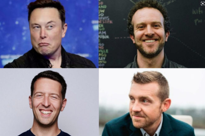 De izquierda a derecha y de arriba a abajo: Elon Musk, fundador de Tesla; Jason Fried, fundador y CEO de Basecamp; Job van der Voort es CEO de Remote; y Darren Murph, CEO de GitLab.