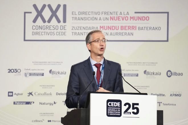 El gobernador del Banco de España, Pablo Hernández de Cos, este jueves, en Bilbao.