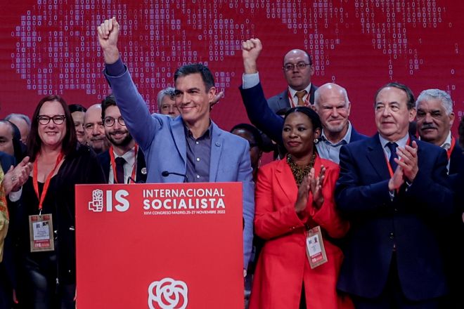 El presidente del Gobierno, Pedro Sánchez, el pasado fin de semana al asumir el mando de la Internacional Socialista.
