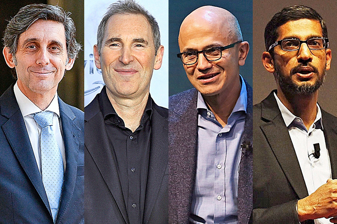 José María Álvarez-Pallete, presidente de Telefónica; Andy Jassi, consejero delegado de Amazon; Satya Nadella, CEO de Microsoft; y Sundar Pichai, CEO de Alphabet.