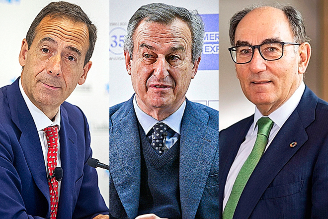 Gonzalo Gortázar, consejero delegado de CaixaBank; César González-Bueno, consejero delegado de Sabadell; y Ignacio Sánchez Galán, presidente de Iberdrola.