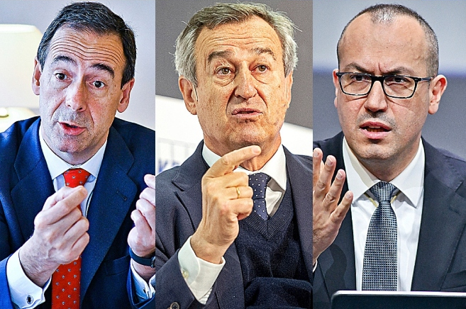 Gonzalo Gortázar, CEO de CaixaBank; César González-Bueno, CEO de Sabadell, y Onur Genç, CEO de BBVA.