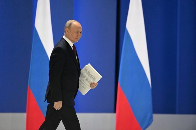 El presidente ruso, Vladímir Putin, tras pronunciar su discurso anual ante la Asamblea Federal.