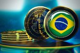 Recreación de una moneda de bitcoin con la bandera de Brasil