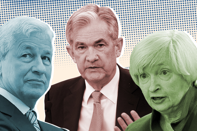 En la imagen Jamie Dimon, CEO de JP Morgan, Jerome Powell, presidente de la Fed y Janet Yellen, secrertaria del Tesoro.