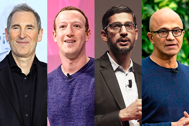 Andy Jassy, consejero delegado de Amazon; Mark Zuckerberg, consejero delegado de Meta; Sundar Pichai, consejero delegado de Google, y Satya Nadella, consejero delegado de Microsoft.