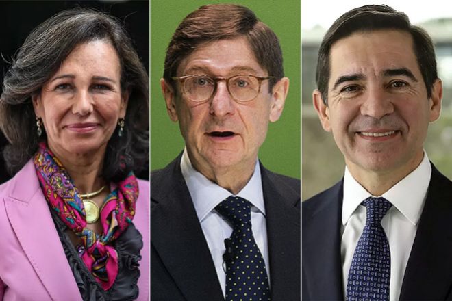 Ana Botín, presidenta de Banco Santander; José Ignacio Goirigolzarri, presidente de CaixaBank, y Carlos Torres, presidente de BBVA.