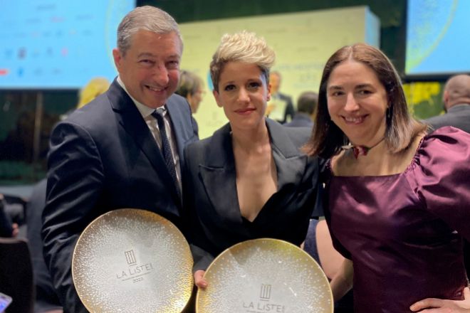 Los españoles Joan Roca, Vicky Sevilla y Elena Arzak, premiados por 'La Liste Mediterranean 2023'.