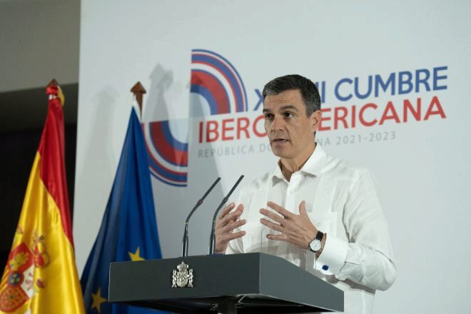 El presidente del Gobierno de España, Pedro Sánchez, durante la rueda de prensa posterior a la Cumbre Iberoamericana.