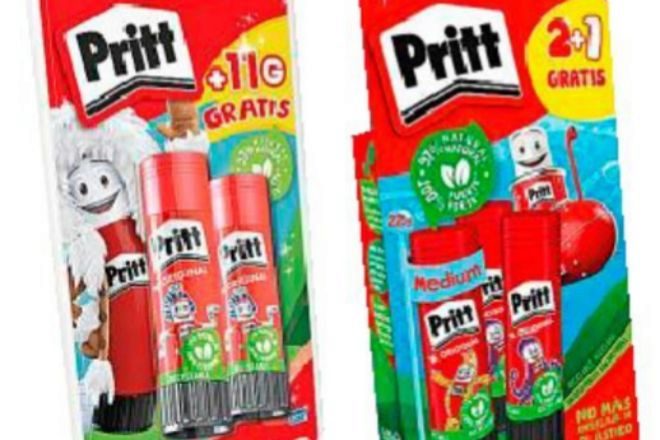La evolución del 'packaging' del icónico pegamento Pritt. Del recubrimiento de plástico al cartón reciclado en la nueva generación, con un 97% de ingredientes naturales.