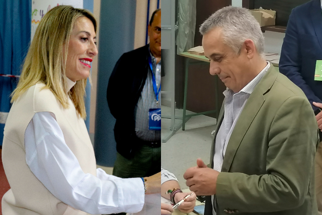 La presidenta del PP y candidata a la presidencia de la Junta de Extremadura, María Guardiola; y el candidato de Vox a la presidencia de la Junta de Extremadura, Ángel Pelayo.