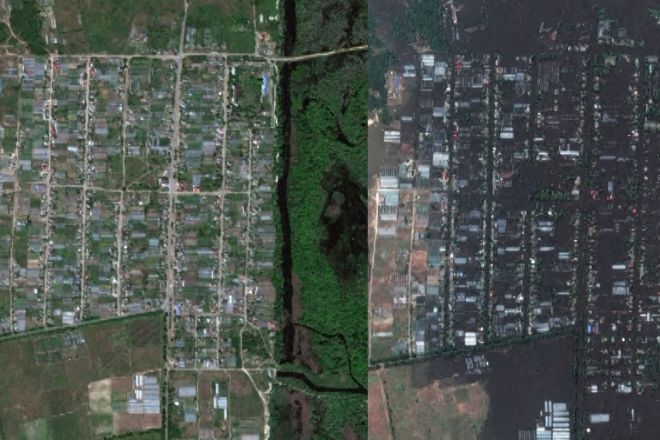 Imágenes de satélite muestran el antes y el después del colapso de la presa en Ucrania