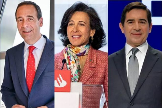 Gonzalo Gortázar, consejero delegado de CaixaBank; Ana Botín, presidenta de Banco Santander, y Carlos Torres, presidente de BBVA.