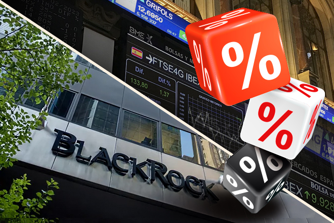 Montaje con la sede de BlackRock y el interior de la Bolsa de Madrid