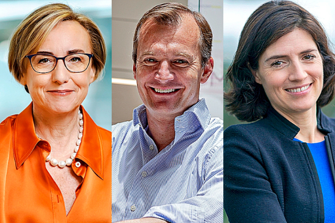 Margherita della Valle, CEO del grupo Vodafone; Meinrad Spenger, CEO de MásMóvil; y Christel Heydemann, CEO del grupo Orange.