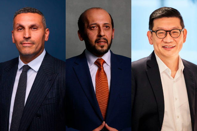 Khaldoon Al Mubarak, primer ejecutivo de Mubadala; Mansoor Bin Ebrahim Al-Mahmoud, CEO de QIA; y Lim Chow Kiat, director de GIC.