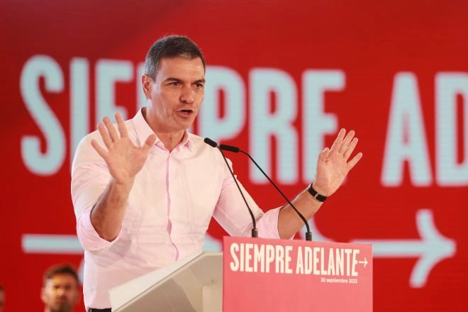 El presidente del Gobierno en funciones y secretario general del PSOE, Pedro Sánchez, durante un acto del partido socialista celebrado este fin de semana en La Rinconada (Sevilla).