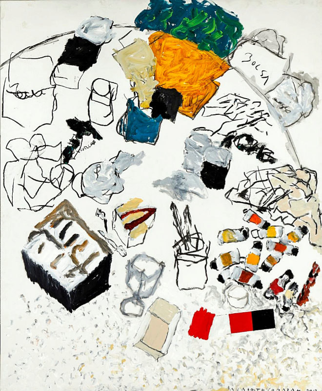 "Cosas sobre la mesa", 180 x 150 cm. Carboncillo y acrílico sobre lienzo (2012)