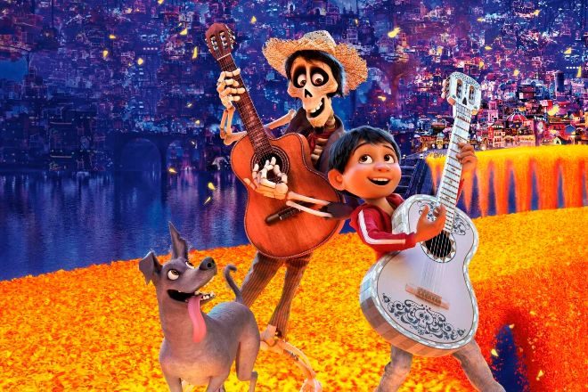 Fotograma de la película 'Coco' de Pixar de 2017, ambientada en México, con los personajes de Ernesto de la Cruz y Miguel.