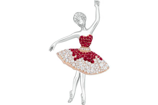 Clip Bailarina Albertine (1947), de oro blanco y rosa, rubíes y diamantes.