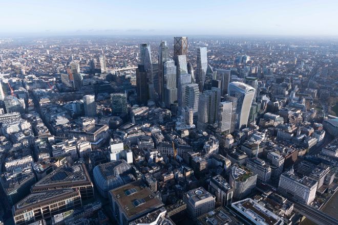 Imagen aérea virtual que ofrecerá la City en 2030, con once nuevos rascacielos.