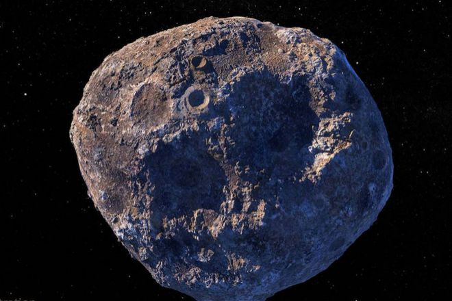 Una ilustración que recrea el asteroide Psyche 16 realizada por la NASA.
